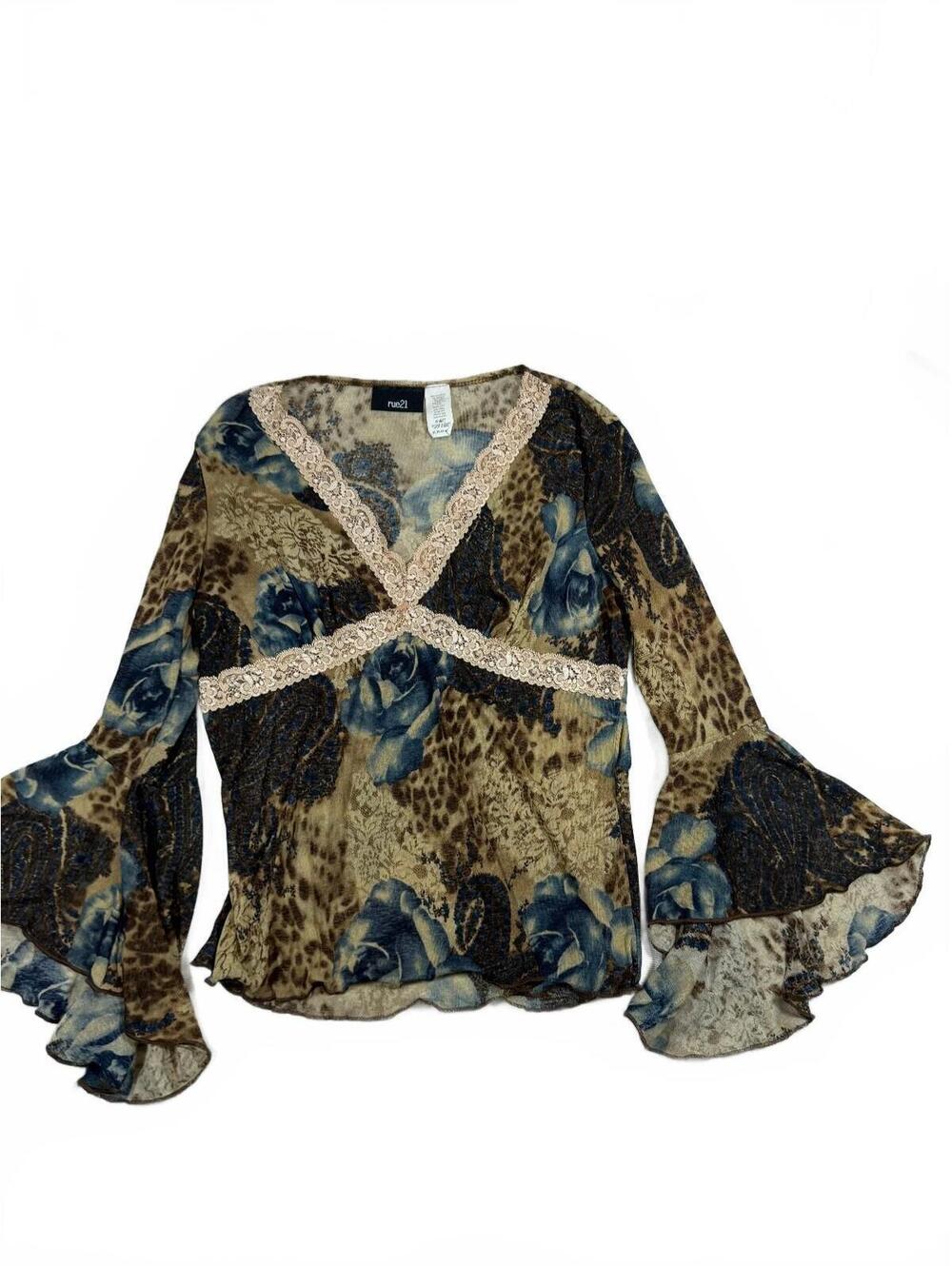 Y2K Rue 21 Vintage Bell Sleeve Babydoll Long Sleeve Blouse SIze XL Measures S